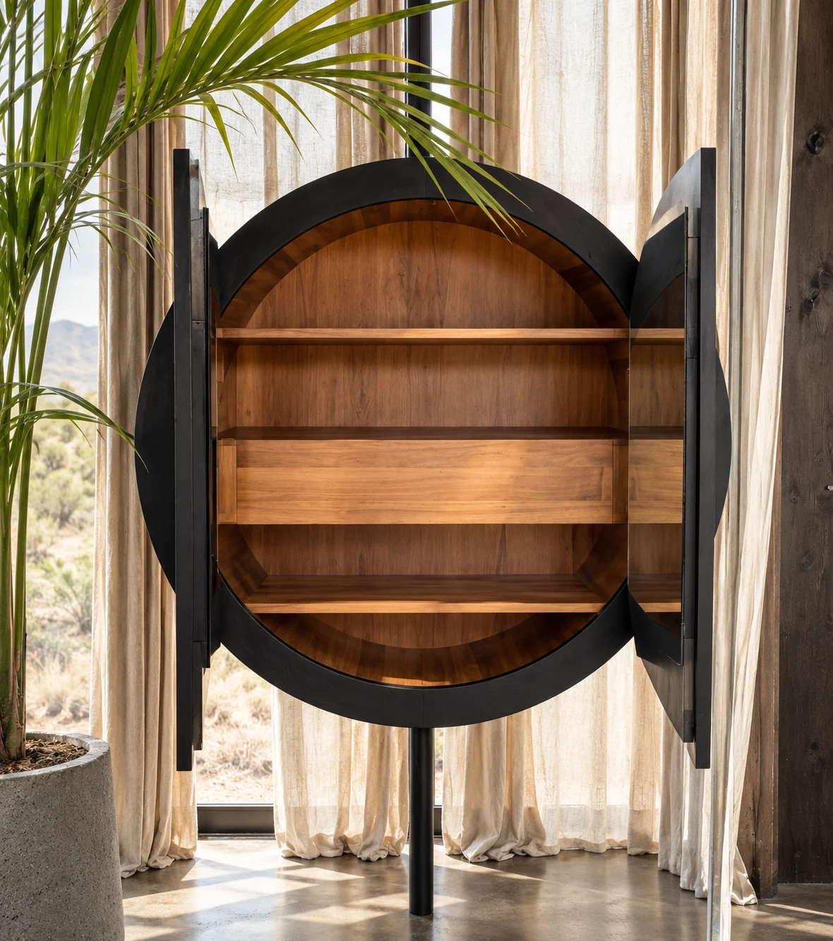 Casa Silencio: Editorial scene based on the original photos · hanging circular cabinet with doors.
